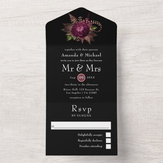 Bourgogne - Marsala en Roos Gold Floral Wedding Al All In One Uitnodiging (Binnen)