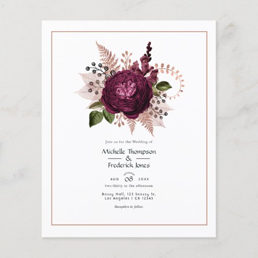Bourgogne - Marsala en Roos Gold Floral Wedding Flyer (Voorkant)