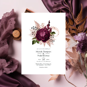 Bourgogne - Marsala en Roos Gold Floral Wedding Kaart