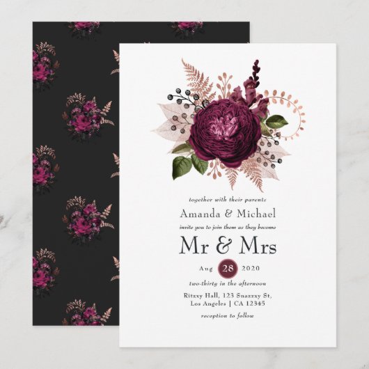 Bourgogne - Marsala en Roos Gold Floral Wedding Kaart (Voorkant / Achterkant)