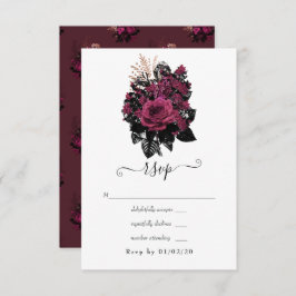 Bourgogne - Marsala en Roos Gold Floral Wedding RSVP Kaartje