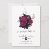 Bourgogne - Marsala en Roos Gold Floral Wedding Save The Date (Voorkant)