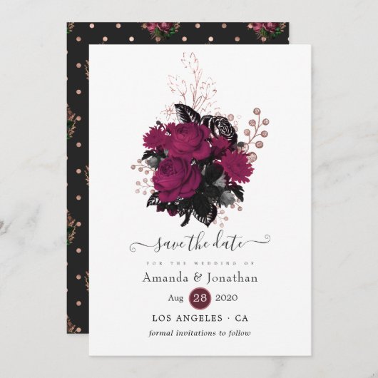 Bourgogne - Marsala en Roos Gold Floral Wedding Save The Date (Voorkant / Achterkant)