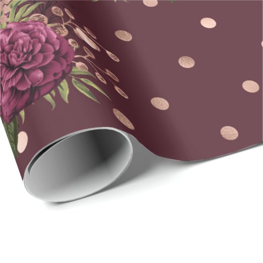Bourgogne - Marsala en Roos Gouden Bloemen Cadeaupapier (Rol Hoek)