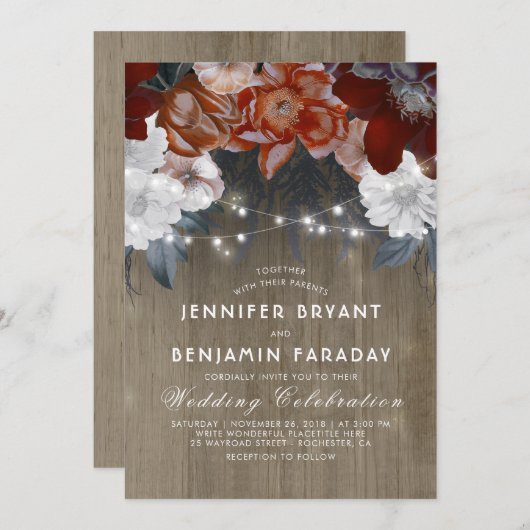 Bourgogne Marsala Floral Chic String Lights Huweli Kaart (Voorkant / Achterkant)