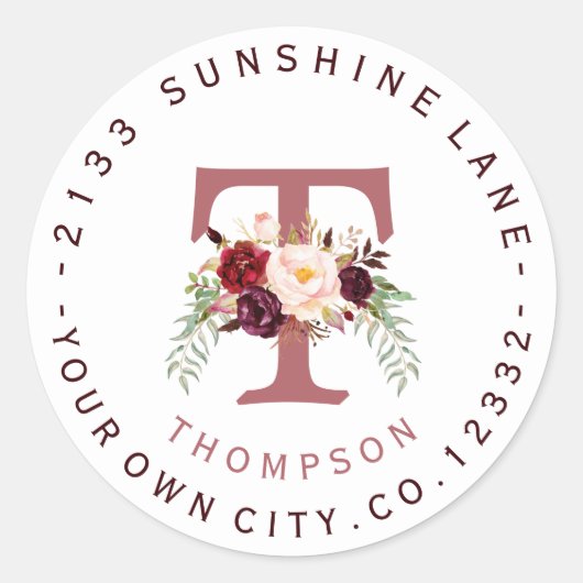 Bourgogne Marsala Floral Circular Address Label (Voorkant)