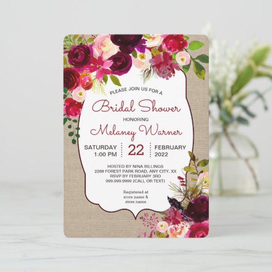 Bourgogne Marsala Floral Vrijgezellenfeest invite Kaart (Staand voorkant)