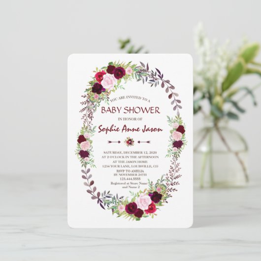 Bourgogne Marsala Floral Wreath Baby shower Kaart (Staand voorkant)