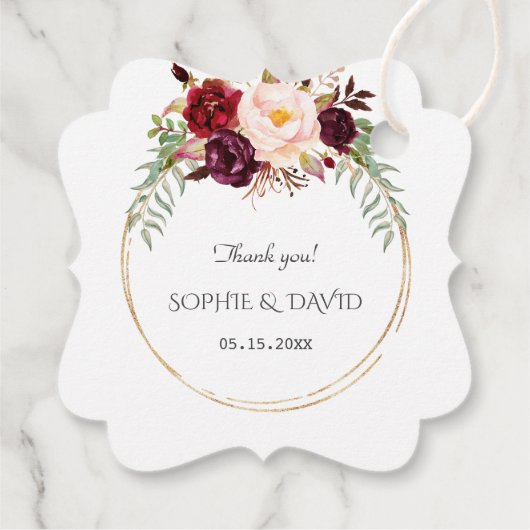 Bourgogne Marsala Flowers Gold Wedding Bedankjes Labels (Achterkant)