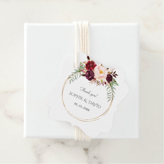 Bourgogne Marsala Flowers Gold Wedding Bedankjes Labels (In situ)
