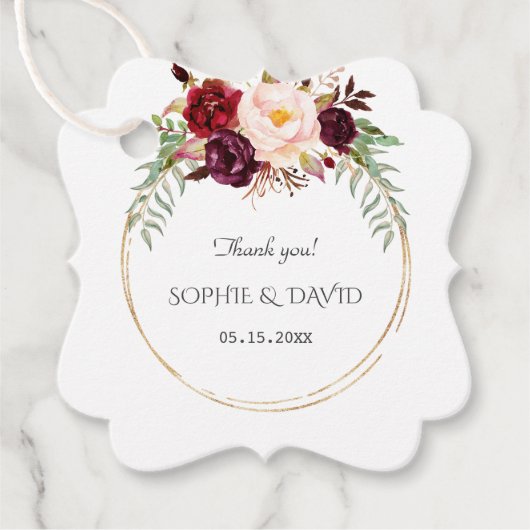 Bourgogne Marsala Flowers Gold Wedding Bedankjes Labels (Voorkant)
