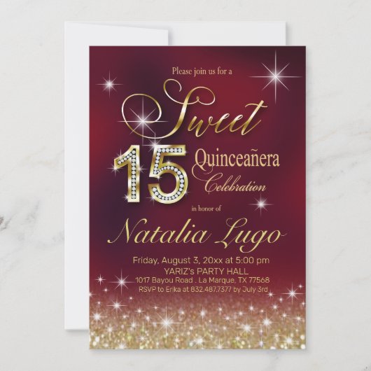 Bourgogne Marsala Gouden Glitter Sweet 15 Quincean Kaart (Voorkant)