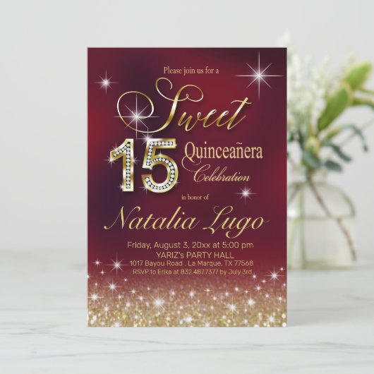 Bourgogne Marsala Gouden Glitter Sweet 15 Quincean Kaart (Staand voorkant)