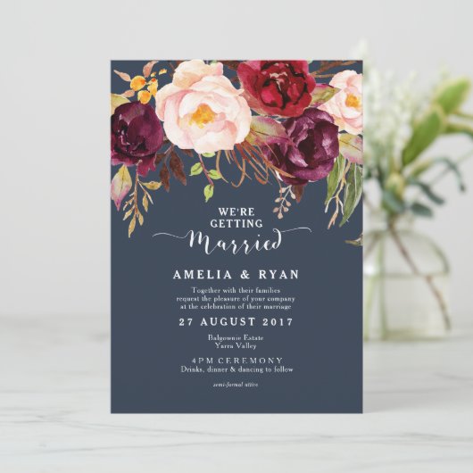 Bourgogne Marsala Marine Bloemen bruiloft uitnodig Kaart (Staand voorkant)