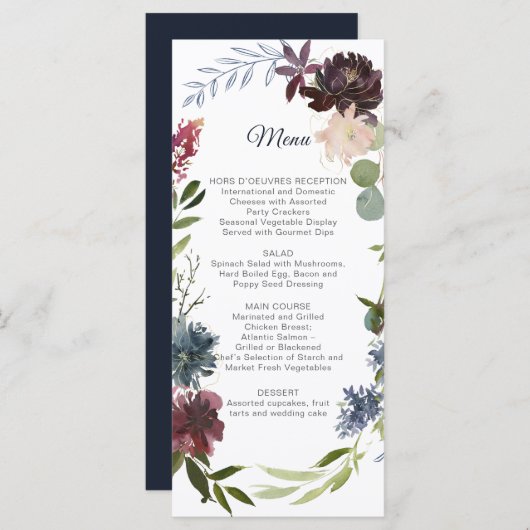 Bourgogne Marsala Navy Groen Bruiloft Menu (Voorkant / Achterkant)