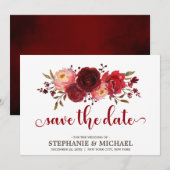 Bourgogne Marsala Red Roses Floral save the date (Voorkant / Achterkant)