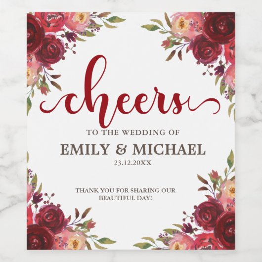 Bourgogne Marsala Rode Bloemen Bruiloft wijn label Wijn Etiket (Enkel label)