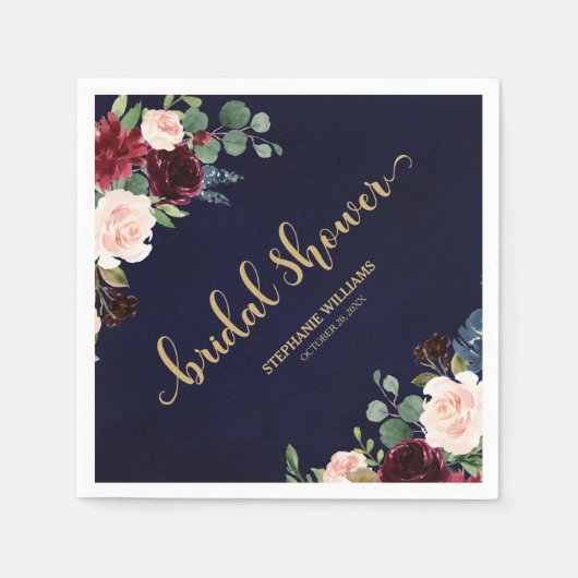 Bourgogne Marsala Rode Marine Bloemen Vrijgezellen Servetten (Voorkant)