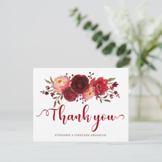 Bourgogne Marsala Rode Rozen Bloemen Dank u Bedankkaart (Staand voorkant)