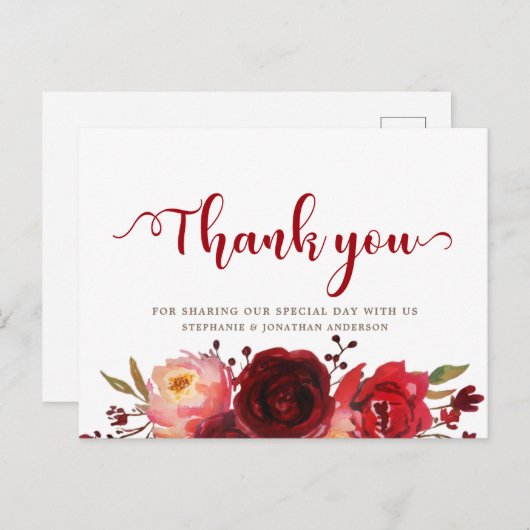 Bourgogne Marsala Rode Rozen Bloemen Dank u Briefkaart (Voorkant / Achterkant)