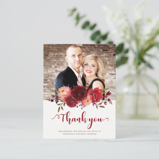 Bourgogne Marsala Rode Rozen Bloemen Dank u Briefkaart (Staand voorkant)