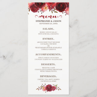 Bourgogne Marsala Rode Rozen Bloemen Trouwmenu Menu