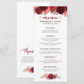 Bourgogne Marsala Rode Rozen Bloemen Trouwmenu Menu (Voorkant / Achterkant)
