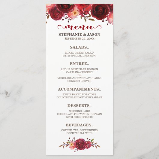 Bourgogne Marsala Rode Rozen Bloemen Trouwmenu Menu (Voorkant)