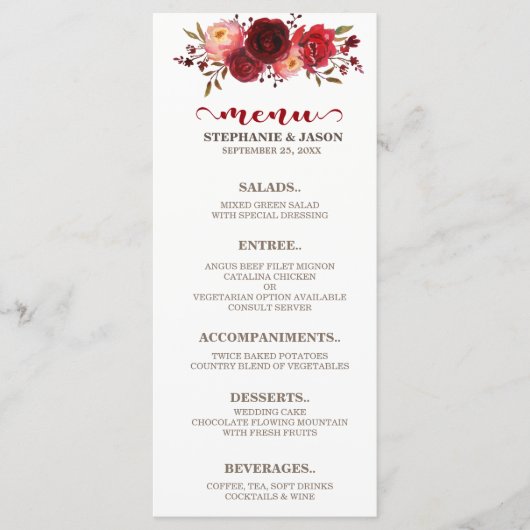 Bourgogne Marsala Rode Rozen Bloemen Trouwmenu Menu (Voorkant)