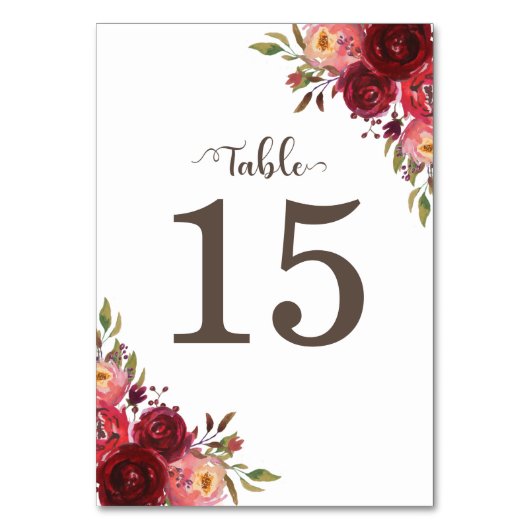 Bourgogne Marsala Rode Rozen Bloementafel nummer Kaart (Voorkant)