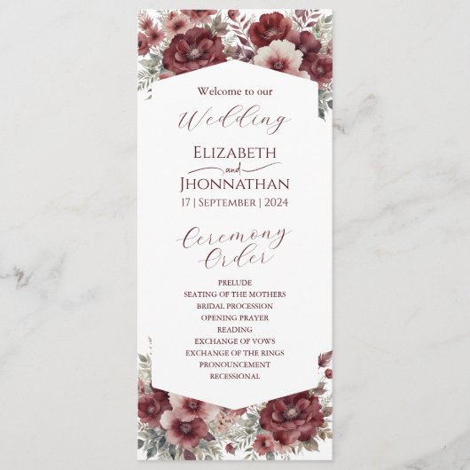 Bourgogne Marsala Rustieke Bloemen Waterverf Bruil Programmakaart (Voorkant)