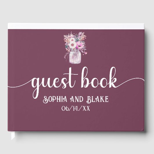 Bourgogne Mason Jar met Bloemen Bruiloft Gastenboek (Voorkant)