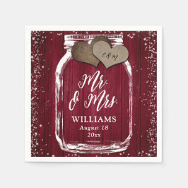 Bourgogne Mason Jar Rustic Wood Mr & Mrs Wedding Servet