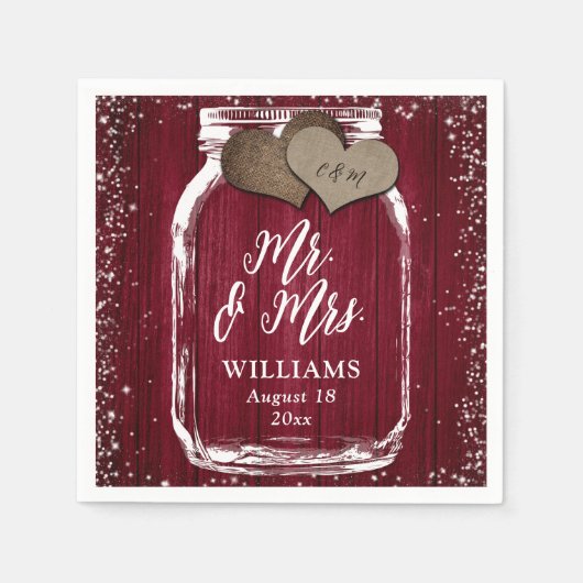 Bourgogne Mason Jar Rustic Wood Mr & Mrs Wedding Servet (Voorkant)