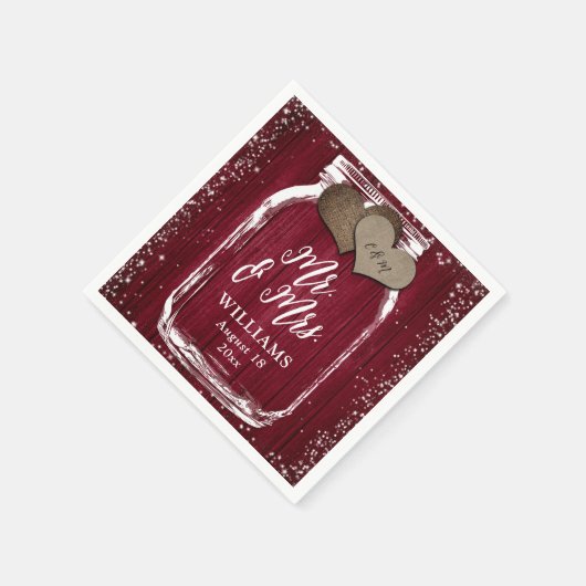 Bourgogne Mason Jar Rustic Wood Mr & Mrs Wedding Servet (Hoek)