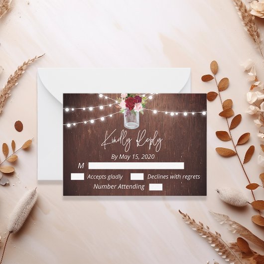 Bourgogne Mason Jar Wood Budget Lights Bloem RSVP Notitiekaartje