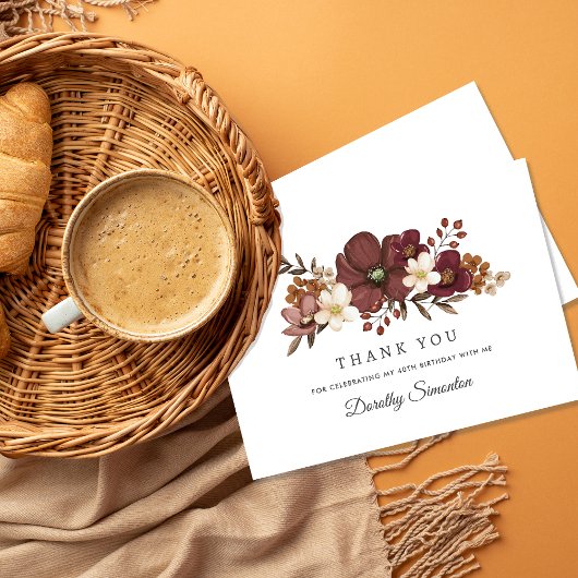 Bourgogne Mauve Ivoor Herfst 40e Verjaardag Flat Bedankkaart