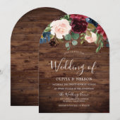 Bourgogne Merlot Bloemen Rustiek Boog Huwelijk Kaart (Voorkant / Achterkant)