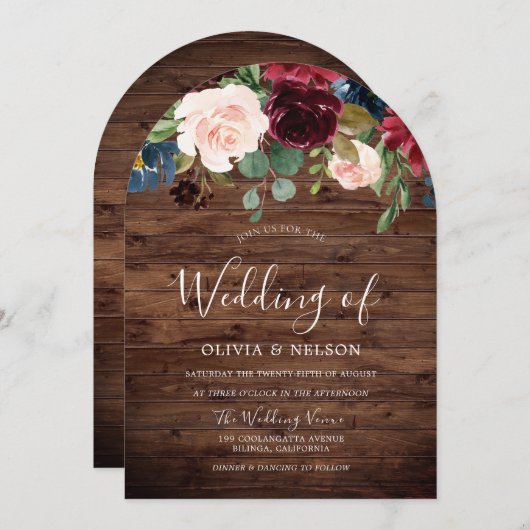 Bourgogne Merlot Bloemen Rustiek Boog Huwelijk Kaart (Voorkant / Achterkant)