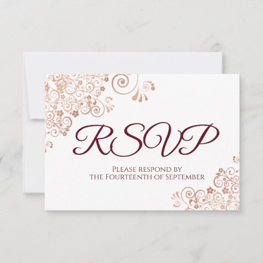 Bourgogne met Elegant Roos Gold Lace Wedding RSVP Kaartje (Voorkant)
