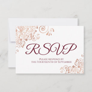 Bourgogne met Elegant Roos Gold Lace Wedding RSVP Kaartje