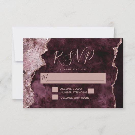 Bourgogne met Roos Goud Marmerde Agaat Wedding RSVP Kaartje (Voorkant)