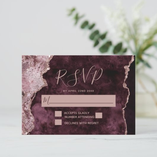 Bourgogne met Roos Goud Marmerde Agaat Wedding RSVP Kaartje (Staand voorkant)