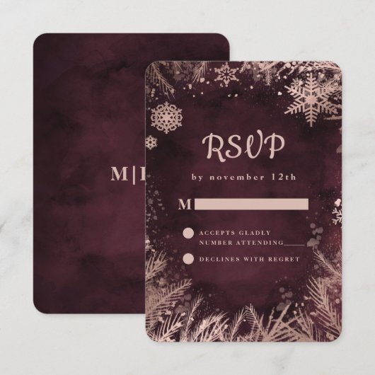 Bourgogne met Roos Gouden Winter Sneeuwvlokken Bru RSVP Kaartje (Voorkant / Achterkant)