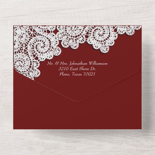 Bourgogne met witte kant in één uitnodiging (Achterkant)