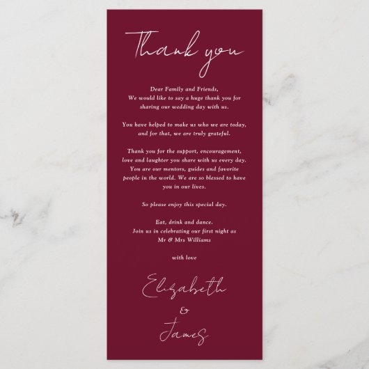 Bourgogne Minimalistische bruiloft Bedankt Place C Menu (Voorkant)