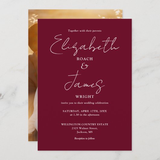 Bourgogne Minimalistische Script Fotobruiloft Kaart (Voorkant / Achterkant)