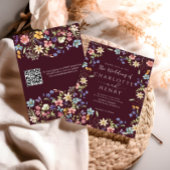 Bourgogne Modern QR Code Wildflower Wedding Kaart
