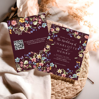 Bourgogne Modern QR Code Wildflower Wedding Kaart