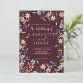 Bourgogne Modern QR Code Wildflower Wedding Kaart (Staand voorkant)